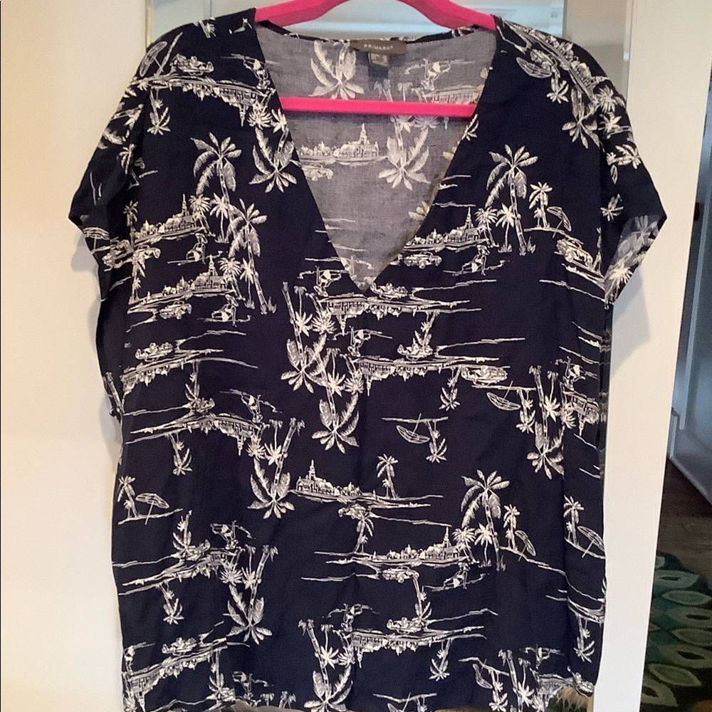 Fun navy tropical print blouse